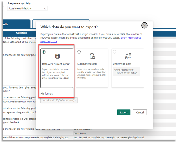 As you hover your mouse over any table an ellipsis (three dots) will appear in the top right of the visual. Click on the ellipsis and select 'Export data'. Then choose, 'data with current layout' from the options and export.