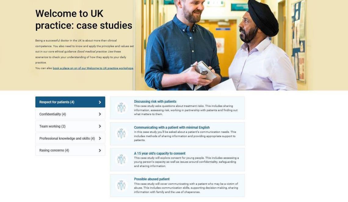 Screenshot from the 'Welcome to UK practice case studies' tool