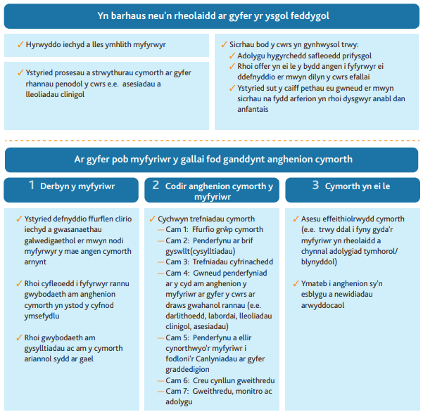 Diagram testun trwm. Mae dewis arall testun ar gael ar y dudalen; dilynwch y ddolen o’r enw ‘Dewis arall testun – sut gall ysgolion meddygol weithredu ar eu dyletswyddau’.