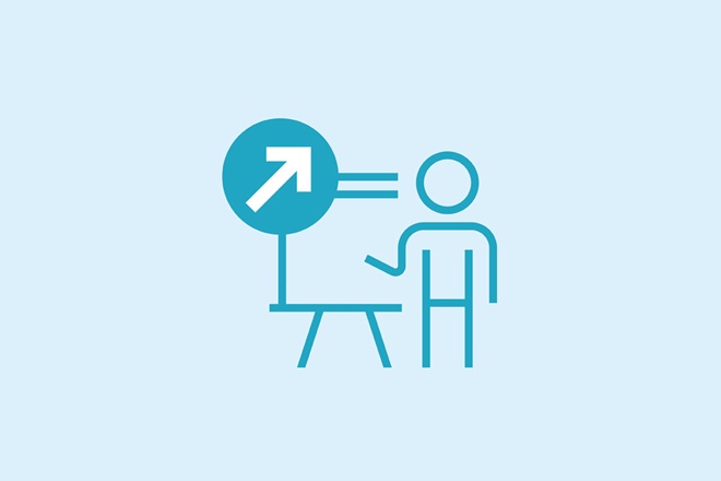An icon of a person standing in front of a whiteboard with a checkmark