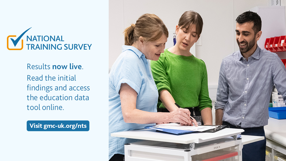 National training survey results now live. Read the initial findings and access the education data tool online. Visit gmc-uk.org/nts. Three people in conversation. 