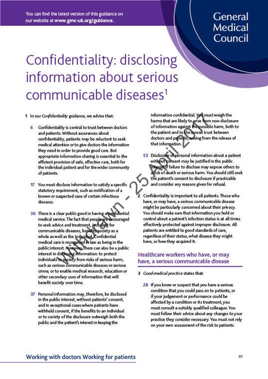 Confidentiality - disclosing information about serious communicable diseases 2009 cover