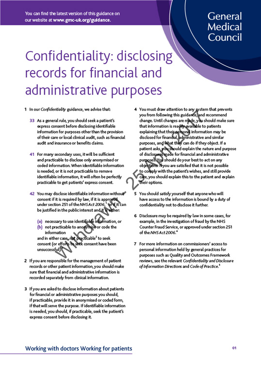Confidentiality - disclosing records for financial and admin purposes cover 2009