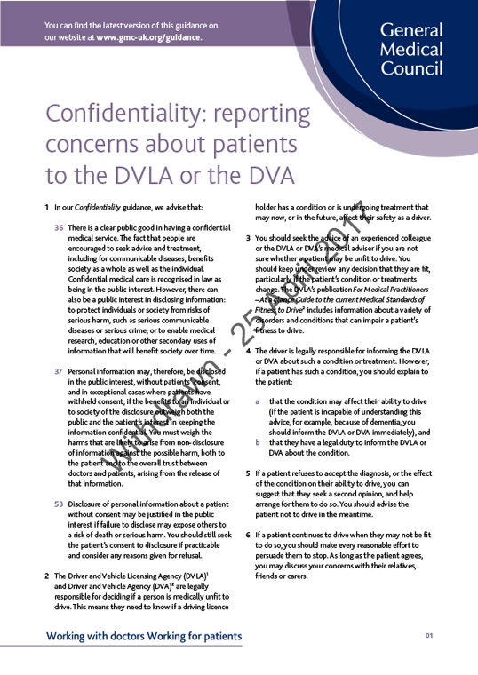 Confidentiality - reporting concerns to the DVLA or DVA 2009 cover