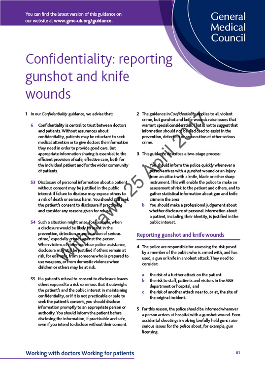 Confidentiality - reporting gunshot and knife wounds 2009 cover