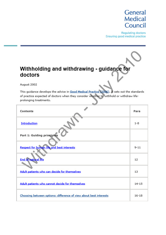 Withholding or withdrawing life-prolonging treatments 2002 cover
