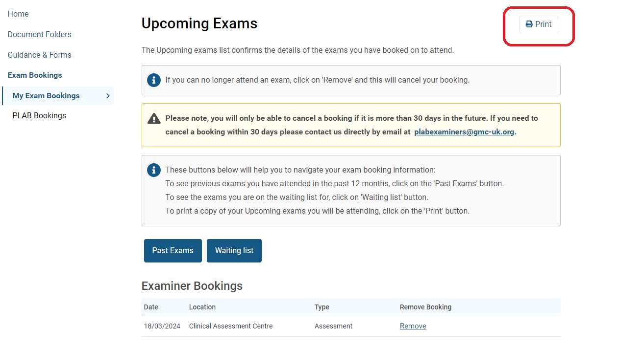 GMC Connect upcoming exams screen, how to print
