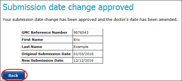 Screenshot of the 'submission date changed' confirmatio