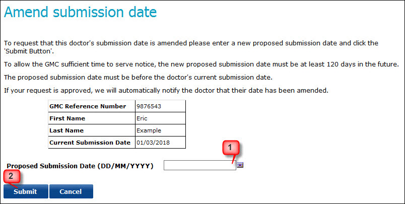 Screenshot of the 'amend submission dates' confirmation screen