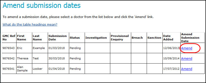 Screenshot of the 'amend submission dates' screen, highlighting the amend option