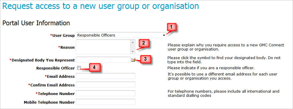 Screenshot from the 'request access to a new user group or organisation' screen, highlighting the fields you need to complete