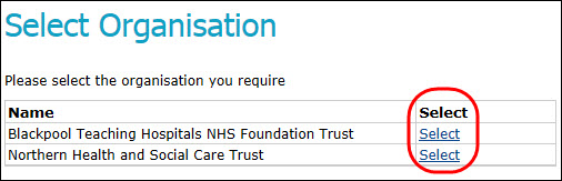 Screenshot showing the 'select organisation' options