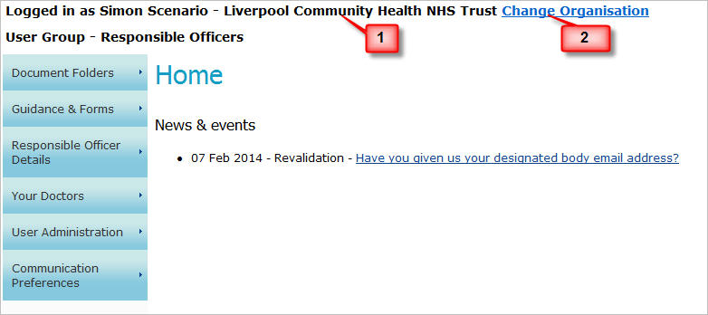 Screenshot from the home screen, showing the organisation you are viewing