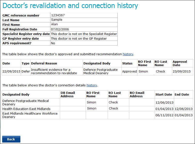 Screenshot showing the history of a doctors revalidation and connection history