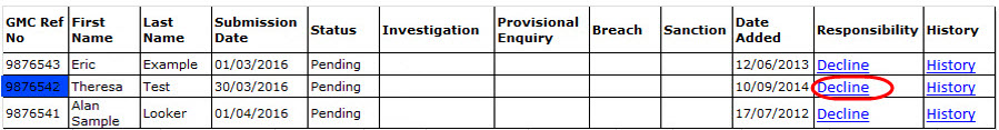 Screenshot of the 'decline' option within the list of doctors