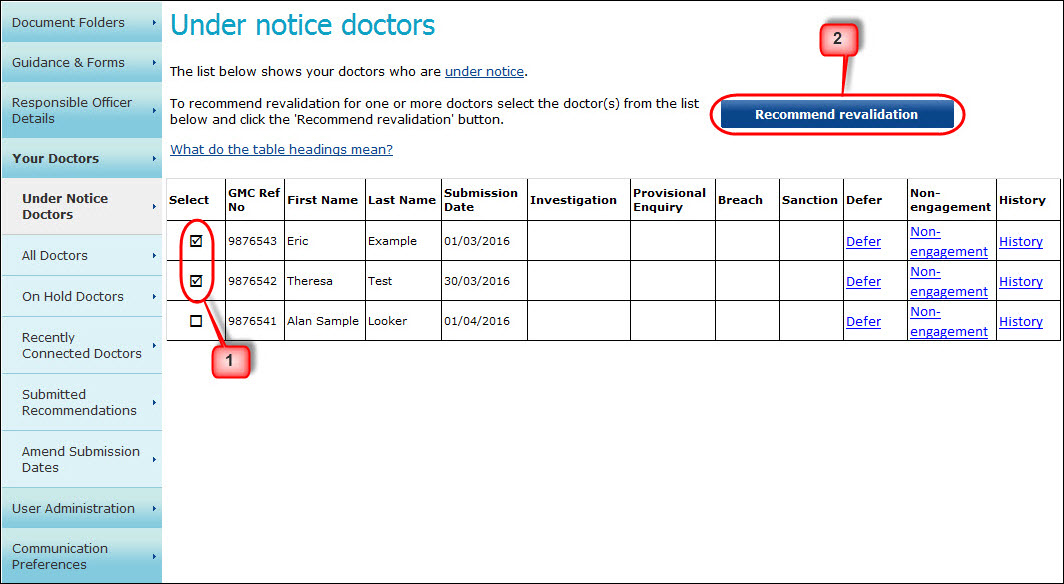 Screenshot of the 'under notice doctors' screen