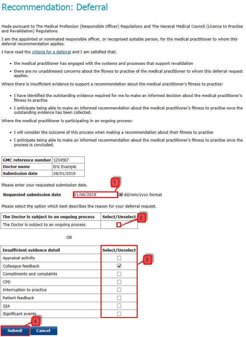Screenshot of the recommendation of deferral declaration