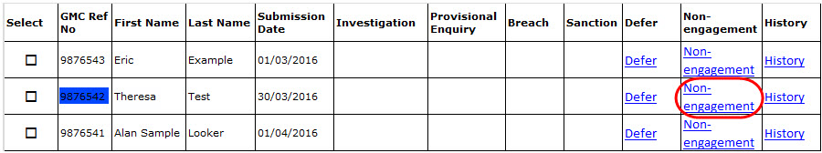 Screenshot from the list of doctors, highlighting the 'non-engagement' link