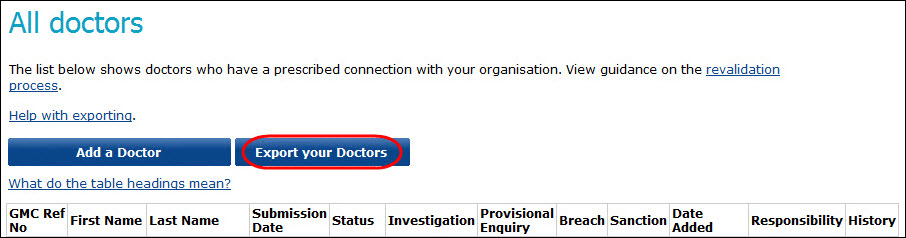 Screenshot from the 'all doctors' section, highlighting the 'export your doctors' option