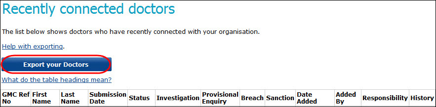 Screenshot from the 'recently connected doctors' section, highlighting the 'export your doctors' option