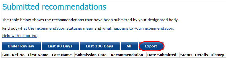 Screenshot from the 'submitted recommendations' section, highlighting the 'export your doctors' option