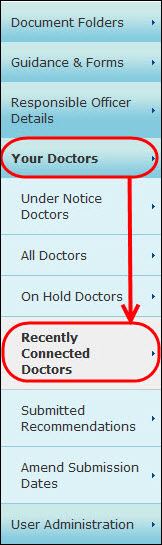 Screenshot of the 'recently connected doctors' option under the 'your doctors' menu