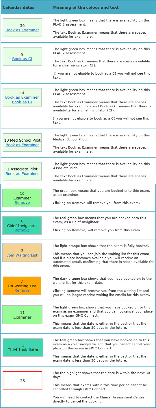 Table listing the identifiable colours used within the PLAB booking calendar