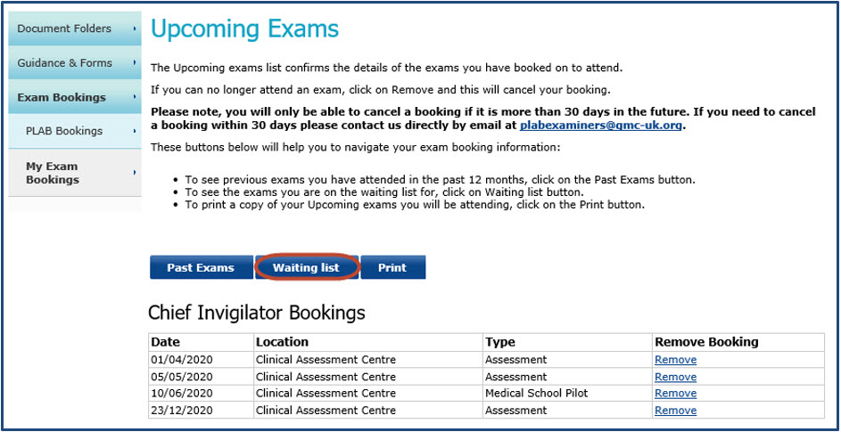 Upcoming exams table highlighting the 'waiting list' option