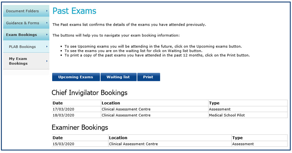 Past exams page, listing chief invigilator bookings and examiner bookings
