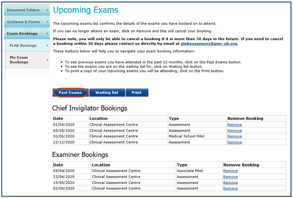 Upcoming exams page highlighting the 'past exams' button