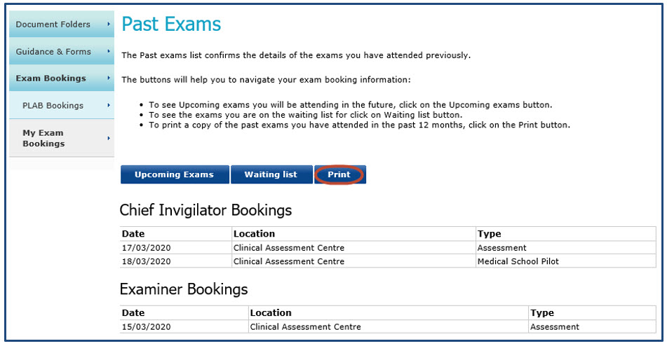 Past exams page, highlighting the 'print' option