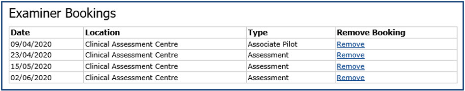 Examiner Bookings table shows the date, location and type of exam - with the added option to remove booking