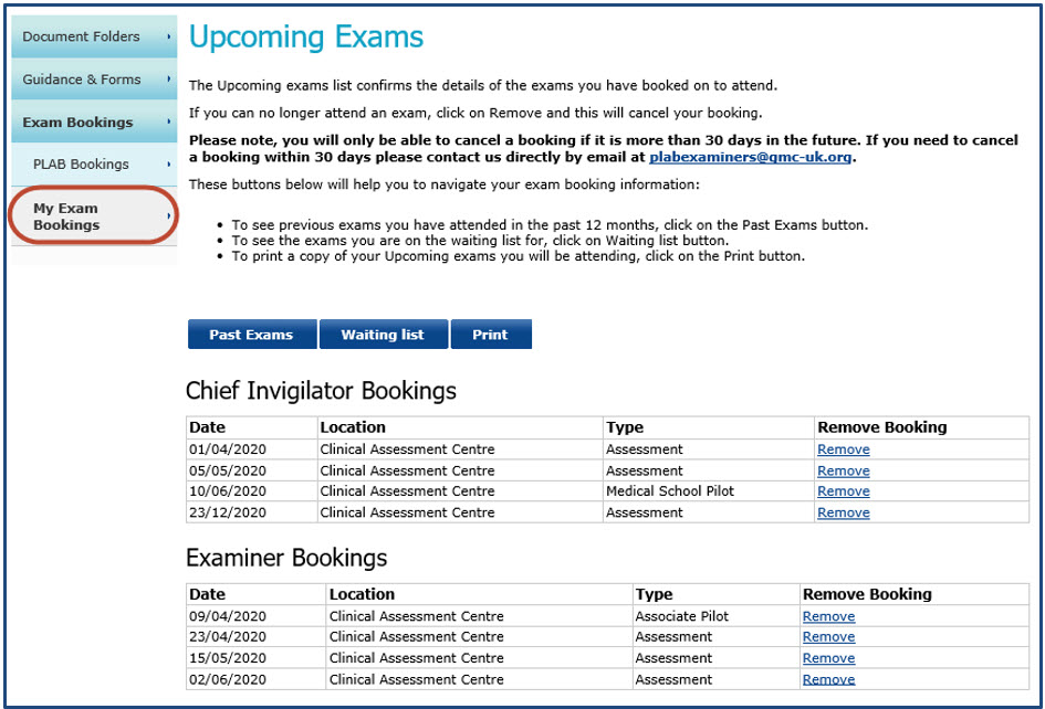 Upcoming Exams information shown once the user selects 'My Exam Bookings' from the side menu. 