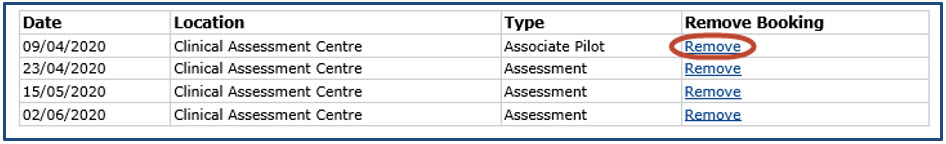 Bookings table highlighting the option to remove bookings
