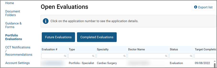 Screenshot from GMC Connect, showing the "open evaluations" screen