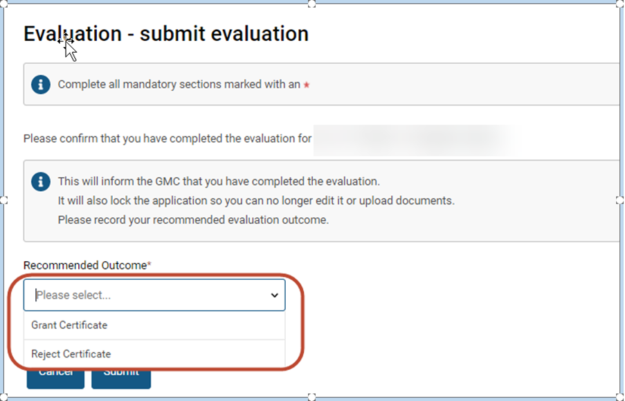 Screenshot of the "evaluation - submit evaluation" screen in GMC Connect