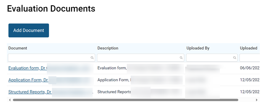 Screenshot showing the evaluation documents area