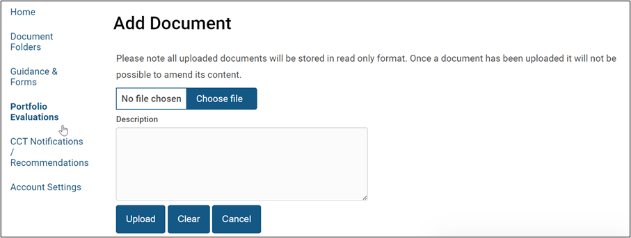 Screenshot of the process to add a document in the portfolio evaluations section
