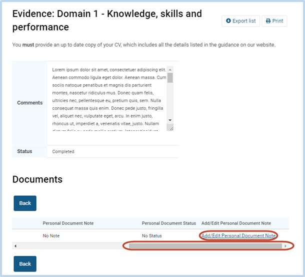 Highlighted fields indicating where the user should be uploading information for evidencing domain 1.
