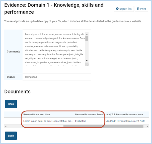 Screenshot showing where the documents are listed once uploaded in the  domain 1 section.