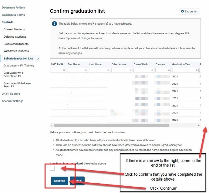 Screenshot of the confirm graduation list screen, showing how to confirm you have completed the details by clicking continue