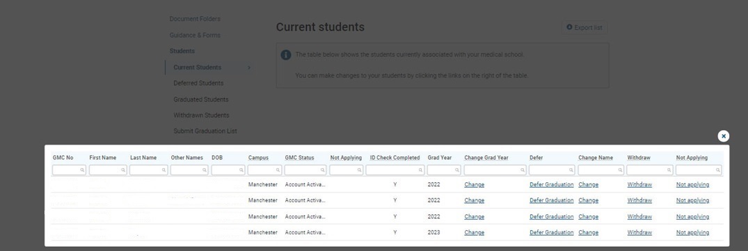 Screenshot showing current students in a list format from GMC Connect