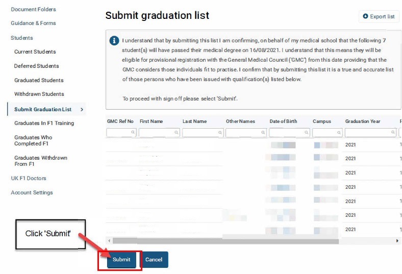 Screenshot showing how to submit a graduation list in GMC Connect
