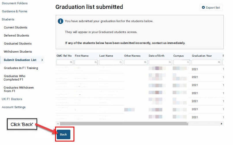 Screenshot showing how to go back to the prior screen from the graduation list submitted page