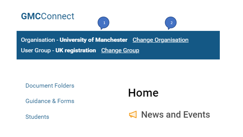 Screenshot showing the home screen when viewing an organisation