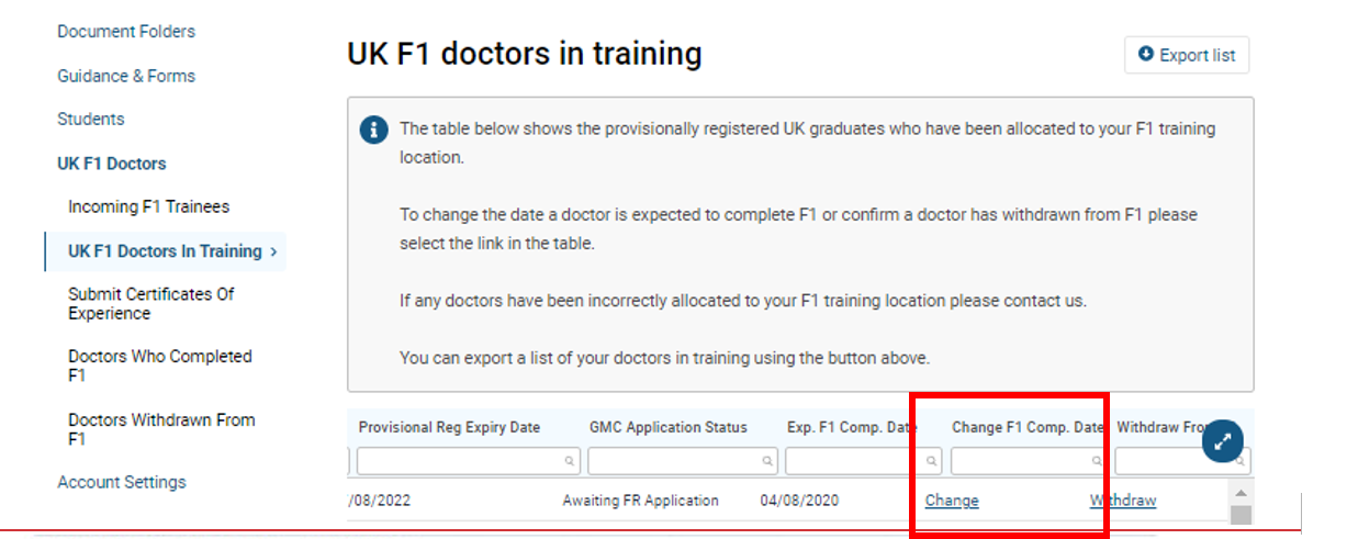 Screenshot of the 'UK F1 doctors in training' section of the 'UK F1 doctors' section