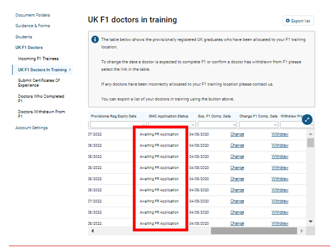 Screenshot of the 'UK F1 doctors in training' screen