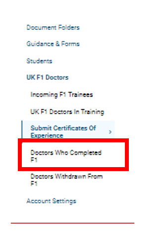 Screenshot of the 'doctors who completed F1' menu item