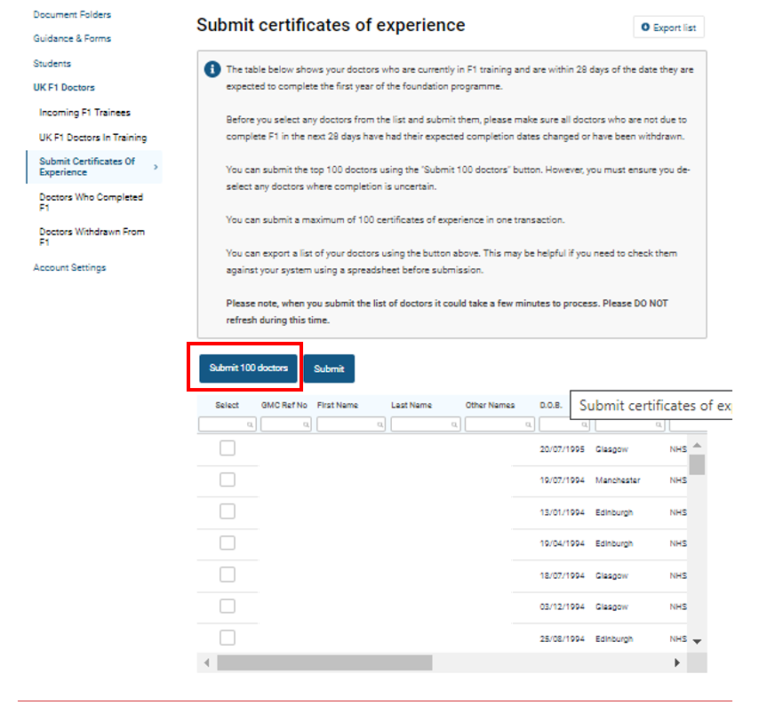 Screenshot of the 'doctors who completed F1' section