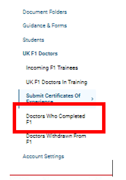 Screenshot of the 'doctors who completed F1' menu item